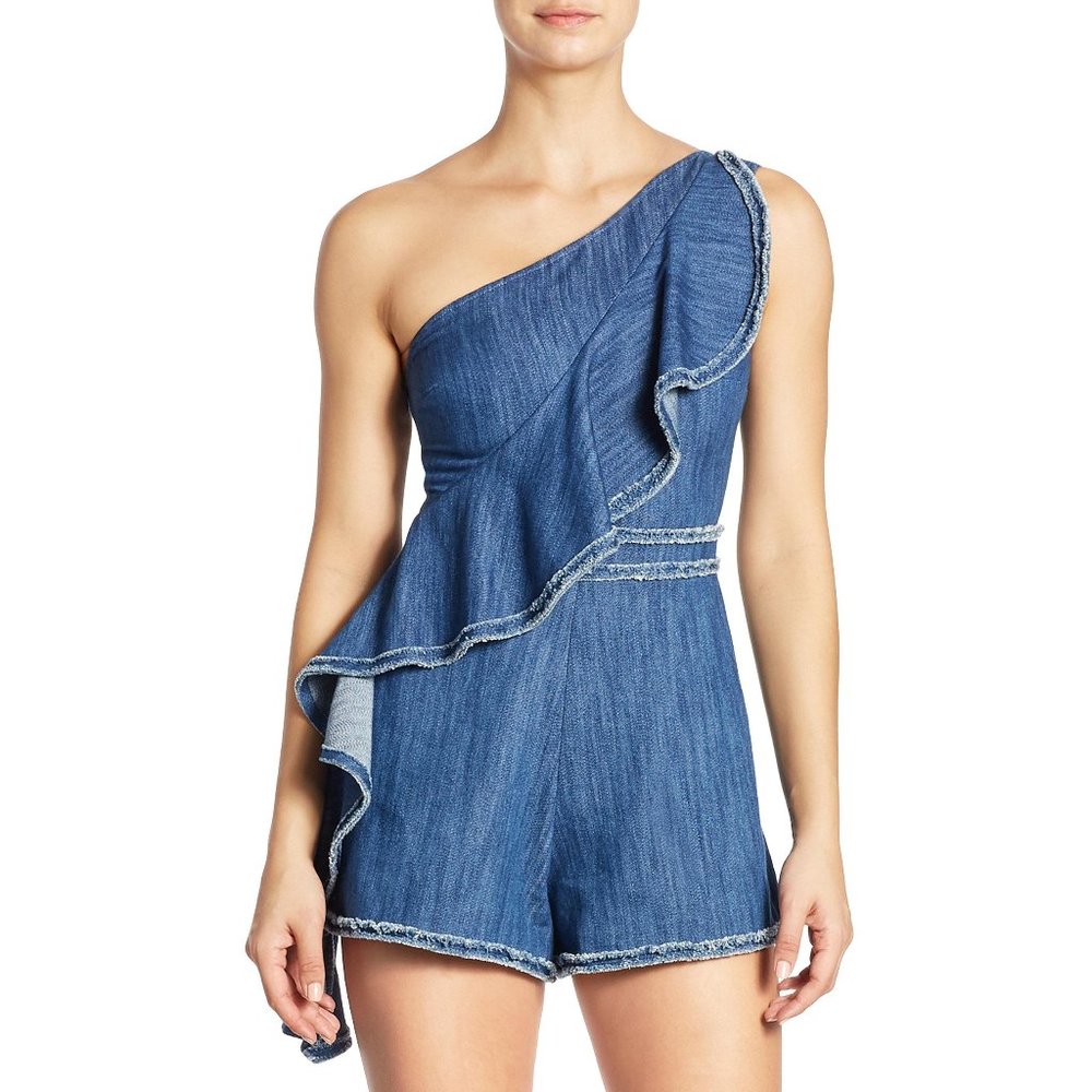 Alexis Blakely One Shoulder Ruffled Denim Blue Romper
